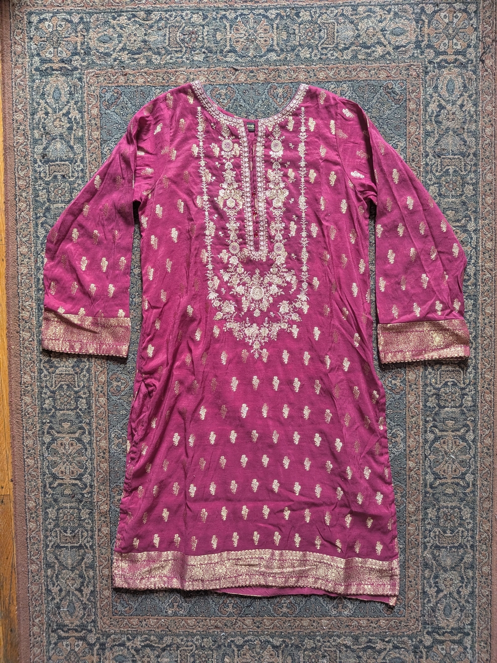 Women’s Embroidered Magenta Kurta with Gold Accents